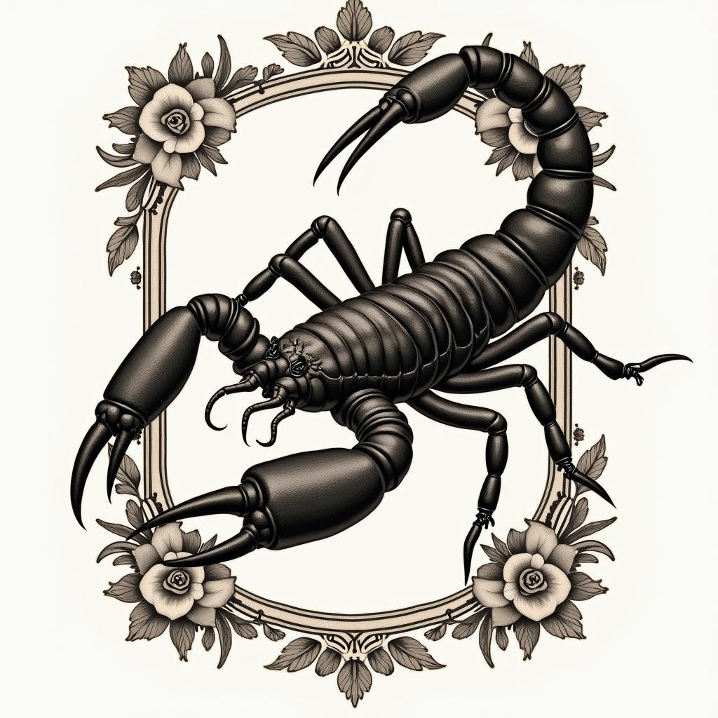 Scorpion with sharp, detailed clawsin victorian style tattoo, featuring vintage and elegant elements, ornate frames, roses, antique, sepia-toned color scheme - Variation 5