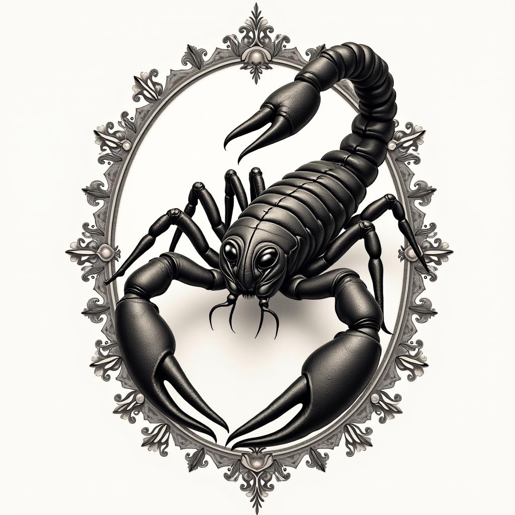 Scorpion with sharp, detailed clawsin victorian style tattoo, featuring vintage and elegant elements, ornate frames, roses, antique, sepia-toned color scheme - Variation 6