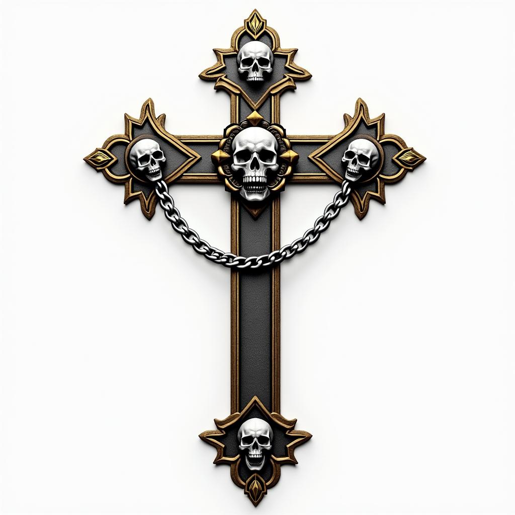 Cross with golden details placed with skulls in chains.in realism tattoo style, featuring a highly detailed, lifelike, capturing every detail, photorealistic, ultra realistic, intricate shading, smooth and sharp,   - Variation 4