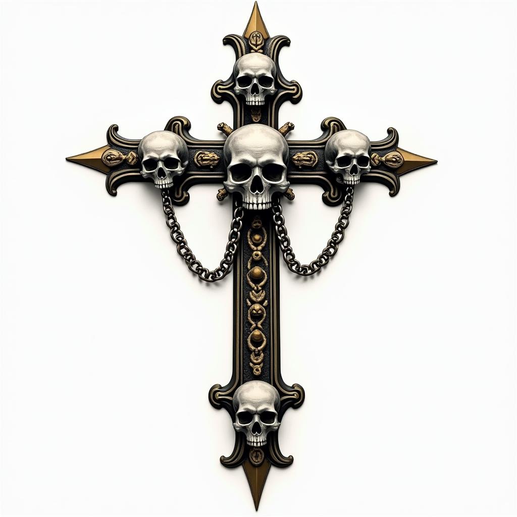 Cross with golden details placed with skulls in chains.in realism tattoo style, featuring a highly detailed, lifelike, capturing every detail, photorealistic, ultra realistic, intricate shading, smooth and sharp,   - Variation 3