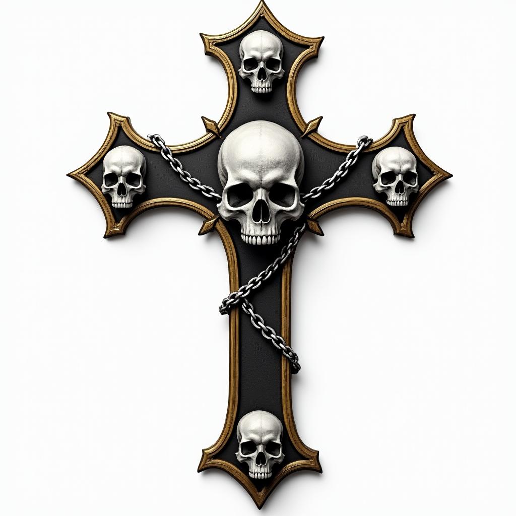 Cross with golden details placed with skulls in chains.in realism tattoo style, featuring a highly detailed, lifelike, capturing every detail, photorealistic, ultra realistic, intricate shading, smooth and sharp,   - Variation 2