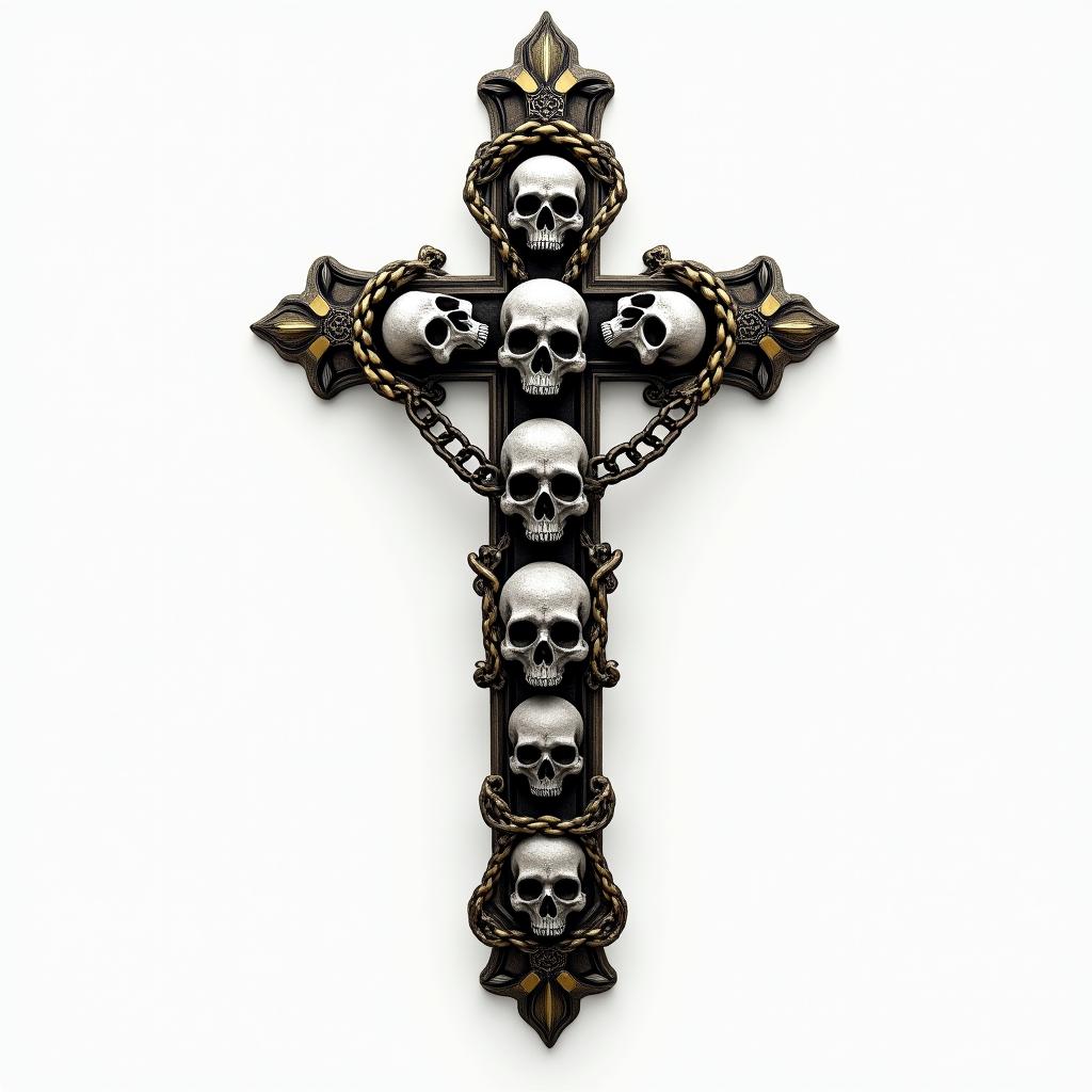 Cross with golden details placed with skulls in chains.in realism tattoo style, featuring a highly detailed, lifelike, capturing every detail, photorealistic, ultra realistic, intricate shading, smooth and sharp,