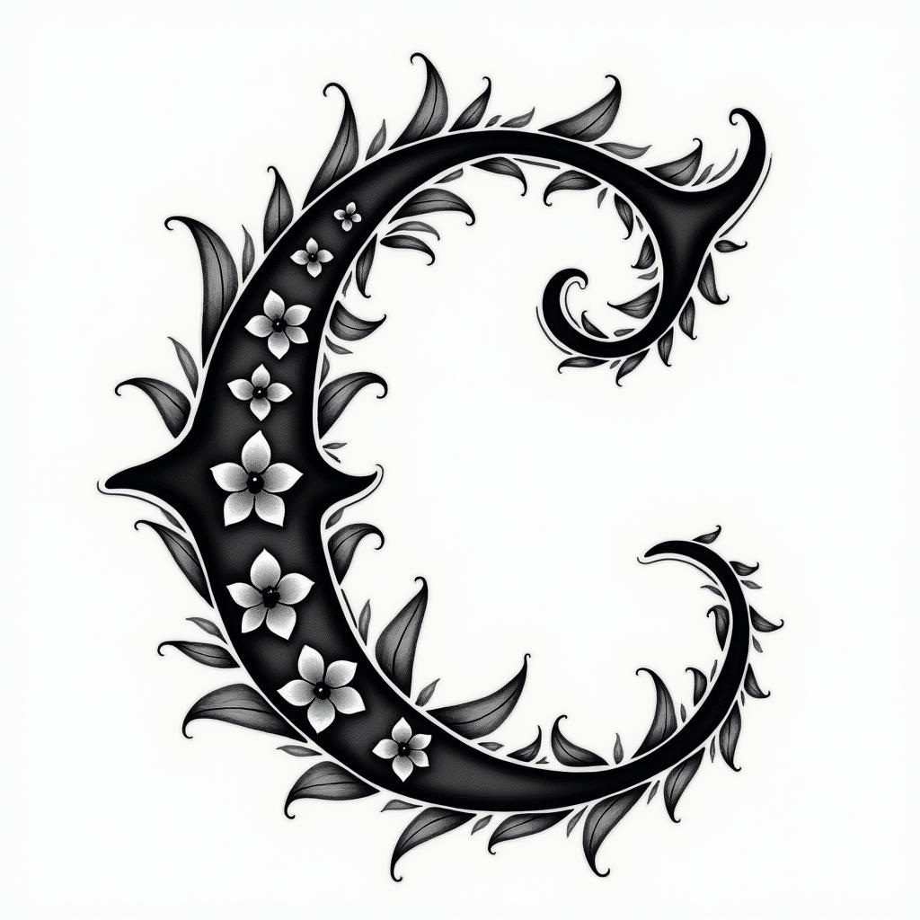 I want an uppercase C with the names Adrien, Andréa, and Leandro inside, in black and white.in authentic tattoo style, incorporating traditional modifications, bold black outlines, solid color fills, featuring classic authentic elements