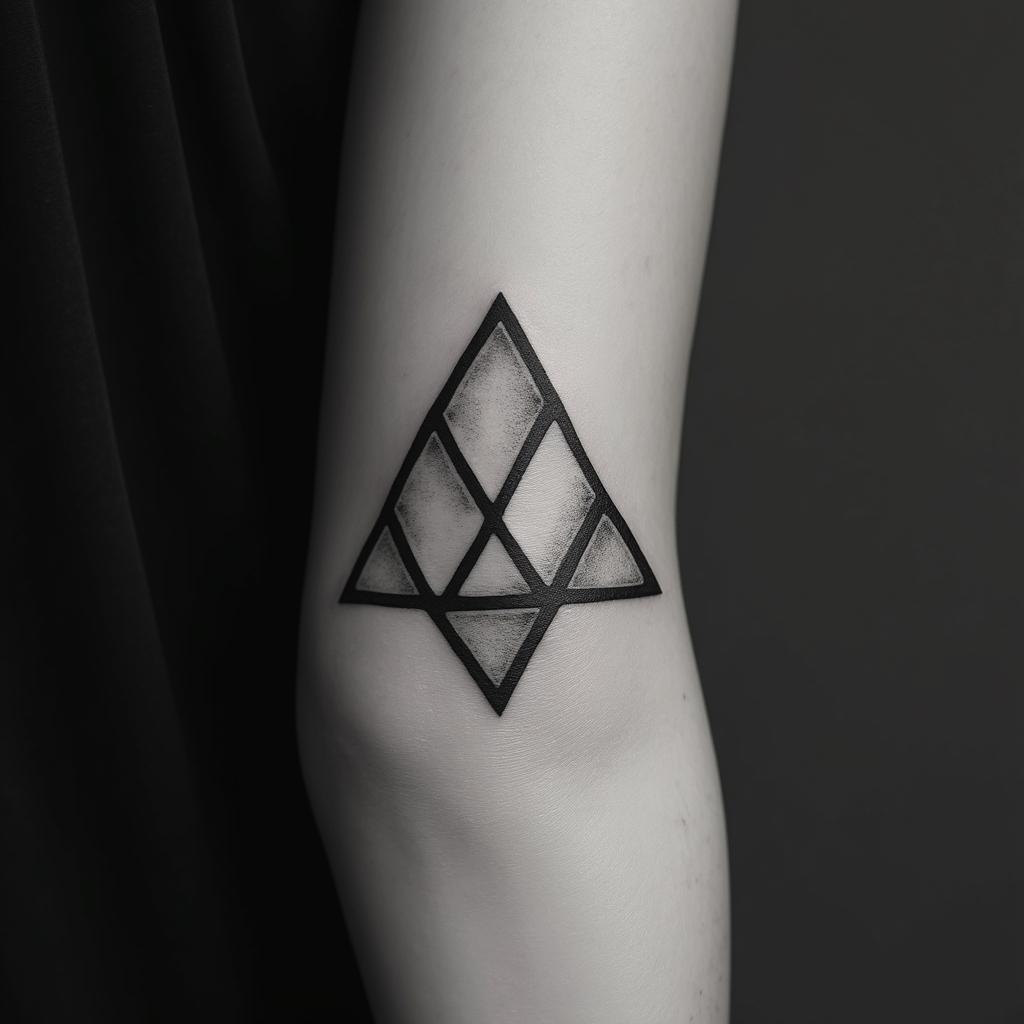 Fuck feelings heartbroken painin minimalist style tattoo, featuring simple shapes and fine lines, with minimal shading and details, tiny triangles, creating a sense of balance and harmony