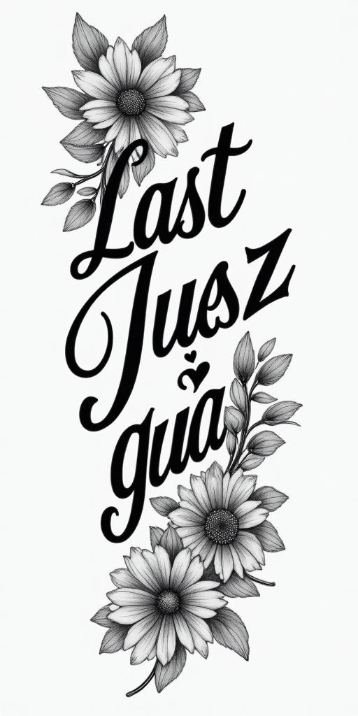 Last name Juárezin elegant cursive calligraphy style 2d tattoo, decorate with roses, featuring a smooth and flowing handwritten script with slightly thickened strokes for a luxurious and bold appearance,  heart symbol between names,  sleek and glossy black text with shadowing, minimalist matte white background, clean and sharp edges, illuminated with soft lighting, romantic, 8k, high-quality textures with refined typography - Variation 4