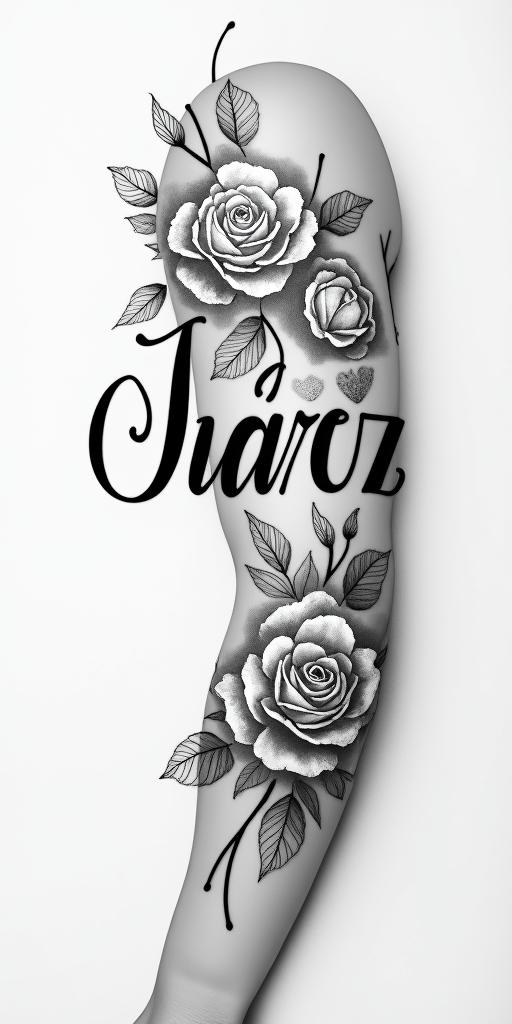 Last name Juárezin elegant cursive calligraphy style 2d tattoo, decorate with roses, featuring a smooth and flowing handwritten script with slightly thickened strokes for a luxurious and bold appearance,  heart symbol between names,  sleek and glossy black text with shadowing, minimalist matte white background, clean and sharp edges, illuminated with soft lighting, romantic, 8k, high-quality textures with refined typography - Variation 2