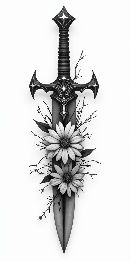 Assassins creed hidden blade mixed with flowers, thorns and bloodin realism tattoo style, featuring a highly detailed, lifelike, capturing every detail, photorealistic, ultra realistic, intricate shading, smooth and sharp,   - Variation 2