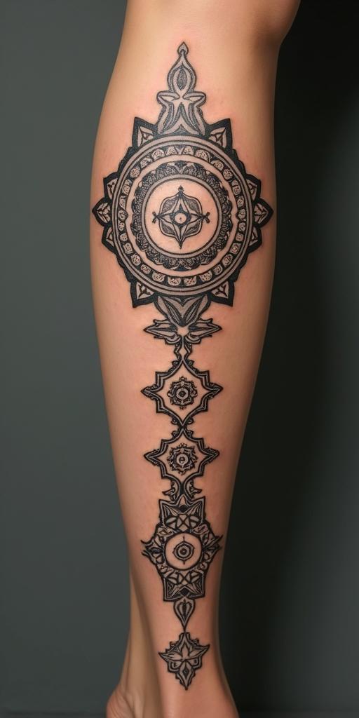 Tree of life and 7 chakrasin spiritual symbols tattoo style, featuring an intricate design incorporating elements, Hamsa hand, third eye, minimalist composition - Variation 2