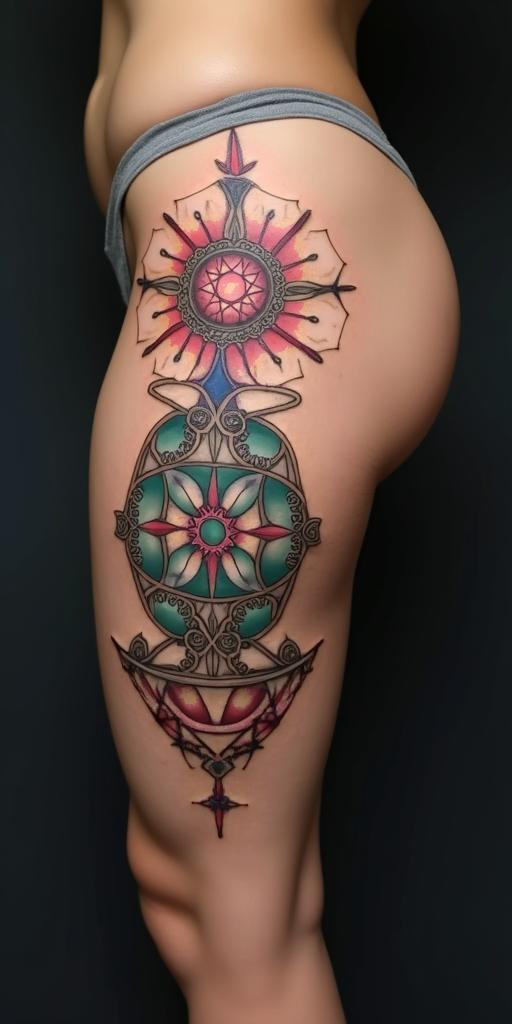 Tree of life and 7 chakrasin spiritual symbols tattoo style, featuring an intricate design incorporating elements, Hamsa hand, third eye, minimalist composition