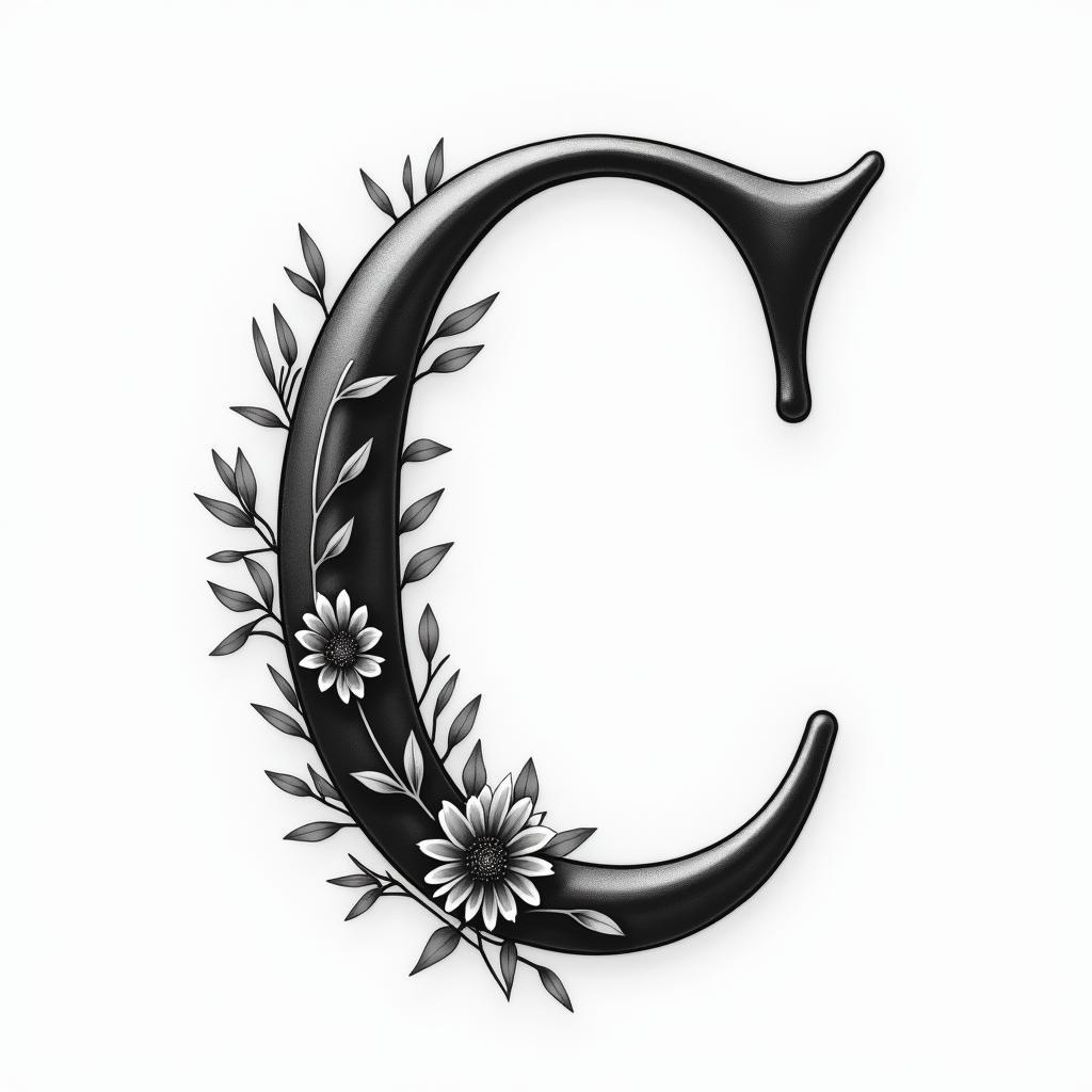 I want an uppercase C with the names Adrien, Andréa, and Leandro inside it, in black and white, feminine and simple.higly detailed tattoo