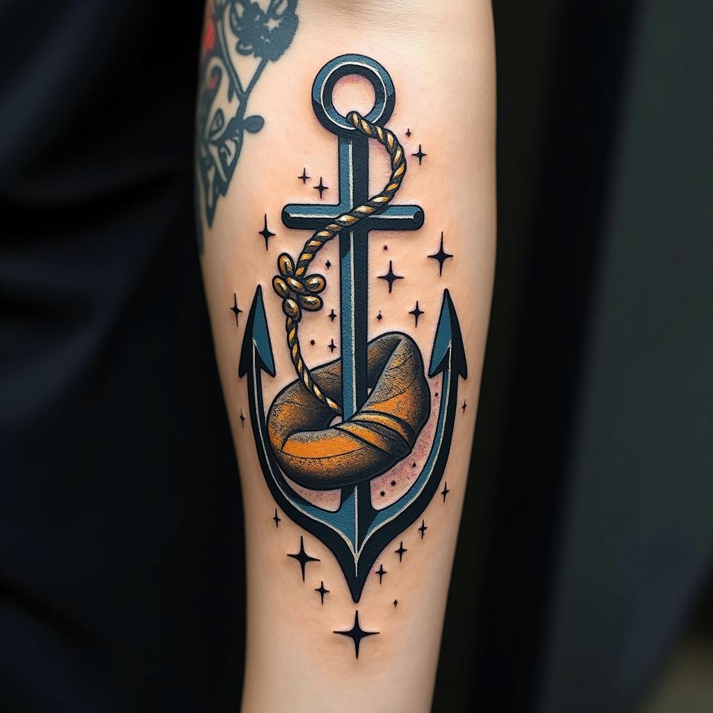 Anchor with nautical rope and compassin graffiti style tattoo, featuring bold and dynamic street art elements, spray-paint texture with exaggerated lines and expressive, chaotic brushstrokes, intricate lettering incorporated with graffiti tags, symbols like hearts, stars, and wings - Variation 2