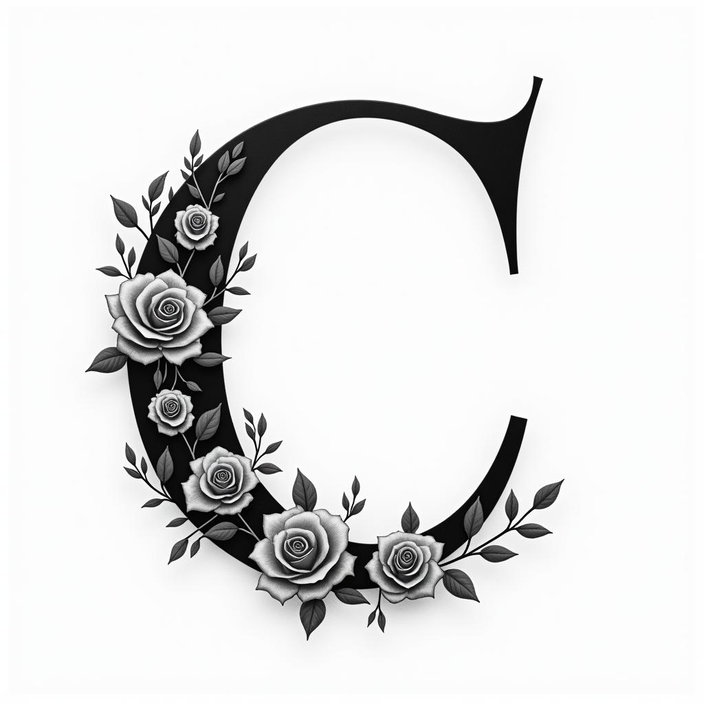 I want a capital C with the names Adrien, Andréa, and Leandro inside, in black and white, feminine and simple.in elegant cursive calligraphy style 2d tattoo, decorate with roses, featuring a smooth and flowing handwritten script with slightly thickened strokes for a luxurious and bold appearance,  heart symbol between names,  sleek and glossy black text with shadowing, minimalist matte white background, clean and sharp edges, illuminated with soft lighting, romantic, 8k, high-quality textures with refined typography - Variation 8