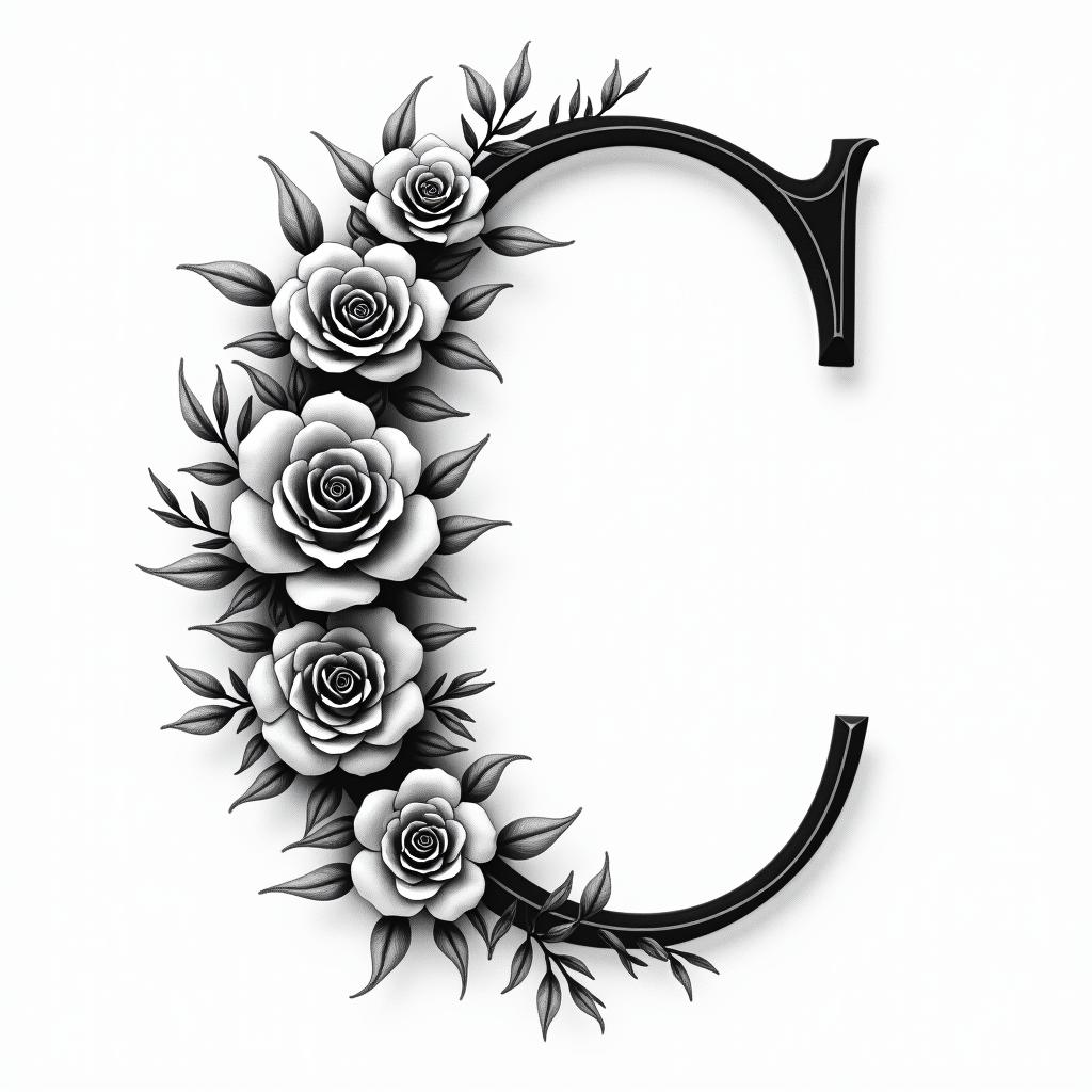 I want a capital C with the names Adrien, Andréa, and Leandro inside, in black and white, feminine and simple.in elegant cursive calligraphy style 2d tattoo, decorate with roses, featuring a smooth and flowing handwritten script with slightly thickened strokes for a luxurious and bold appearance,  heart symbol between names,  sleek and glossy black text with shadowing, minimalist matte white background, clean and sharp edges, illuminated with soft lighting, romantic, 8k, high-quality textures with refined typography - Variation 7