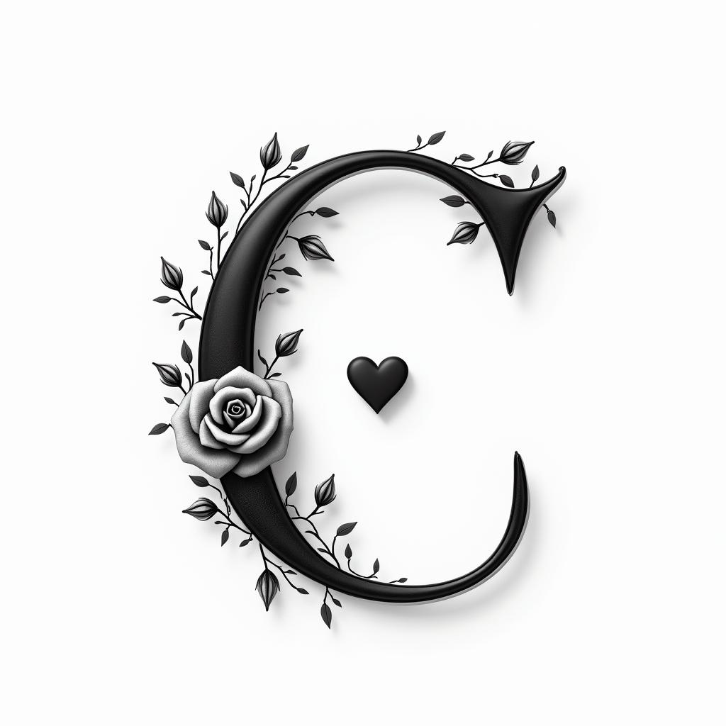 I want a capital C with the names Adrien, Andréa, and Leandro inside, in black and white, feminine and simple.in elegant cursive calligraphy style 2d tattoo, decorate with roses, featuring a smooth and flowing handwritten script with slightly thickened strokes for a luxurious and bold appearance,  heart symbol between names,  sleek and glossy black text with shadowing, minimalist matte white background, clean and sharp edges, illuminated with soft lighting, romantic, 8k, high-quality textures with refined typography - Variation 6