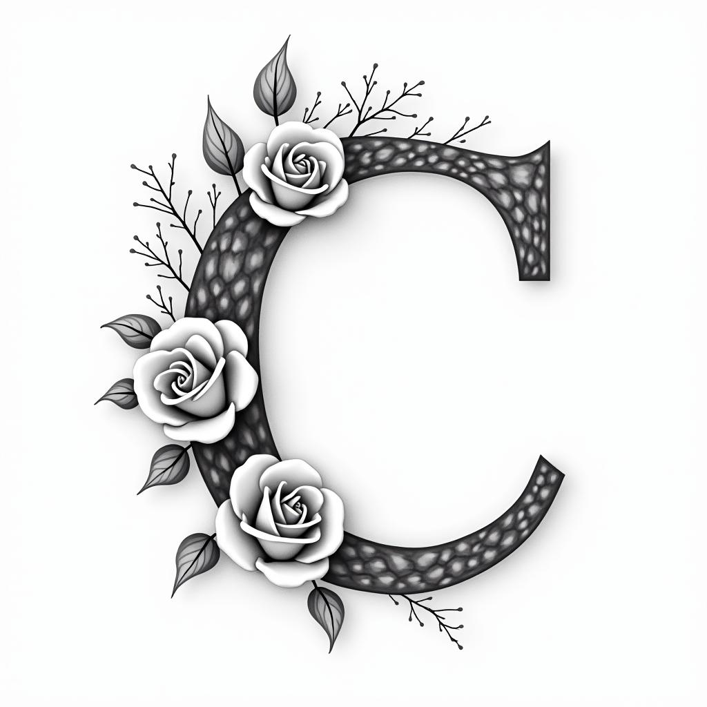 I want a capital C with the names Adrien, Andréa, and Leandro inside, in black and white, feminine and simple.in elegant cursive calligraphy style 2d tattoo, decorate with roses, featuring a smooth and flowing handwritten script with slightly thickened strokes for a luxurious and bold appearance,  heart symbol between names,  sleek and glossy black text with shadowing, minimalist matte white background, clean and sharp edges, illuminated with soft lighting, romantic, 8k, high-quality textures with refined typography - Variation 5