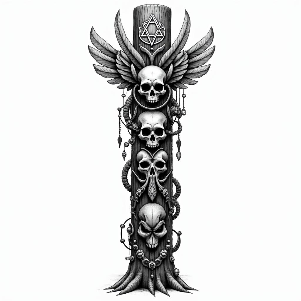 Totem pole with skulls, feathers, and jewelryin paganic style tattoo, featuring ancient symbols, add vegvisir symbol, mystical figures, incorporating designs, pentagrams, runes, crescent moons, - Variation 2