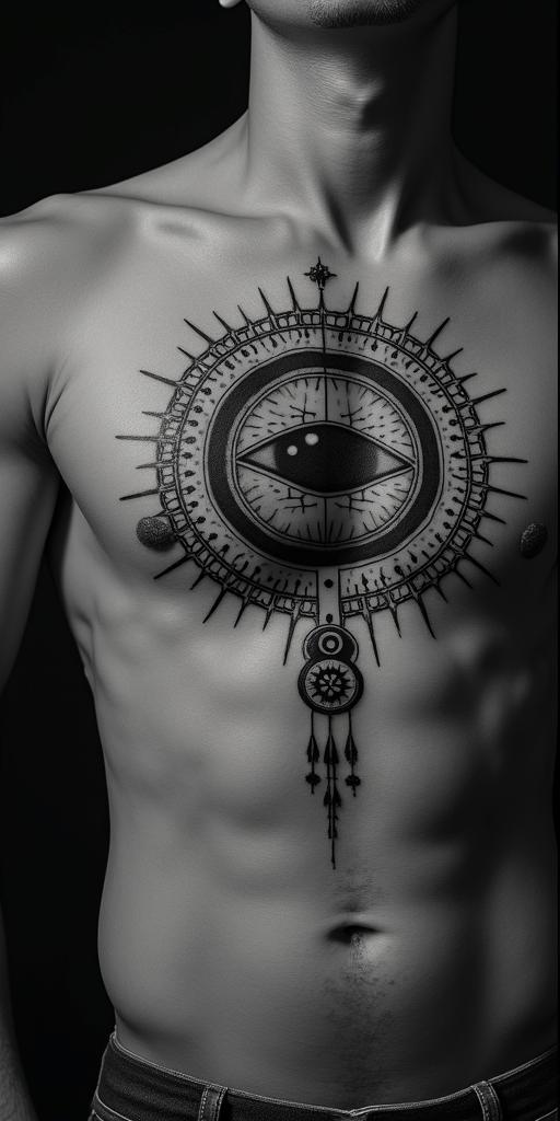 Capricorn, strong and independentin prophecy tattoo style, featuring mystical symbols, celestial imagery like stars, moons, suns, geometric patterns, foretelling elements, an eye of wisdom - Variation 7