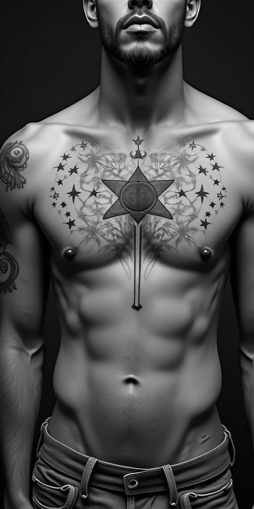 Capricorn, strong and independentin prophecy tattoo style, featuring mystical symbols, celestial imagery like stars, moons, suns, geometric patterns, foretelling elements, an eye of wisdom - Variation 8