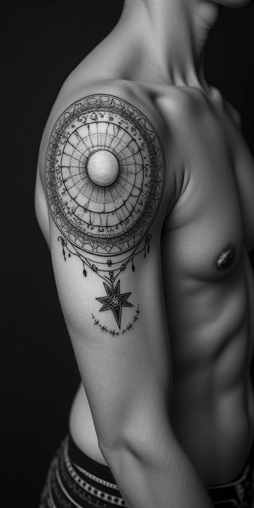 Capricorn, strong and independentin prophecy tattoo style, featuring mystical symbols, celestial imagery like stars, moons, suns, geometric patterns, foretelling elements, an eye of wisdom - Variation 6