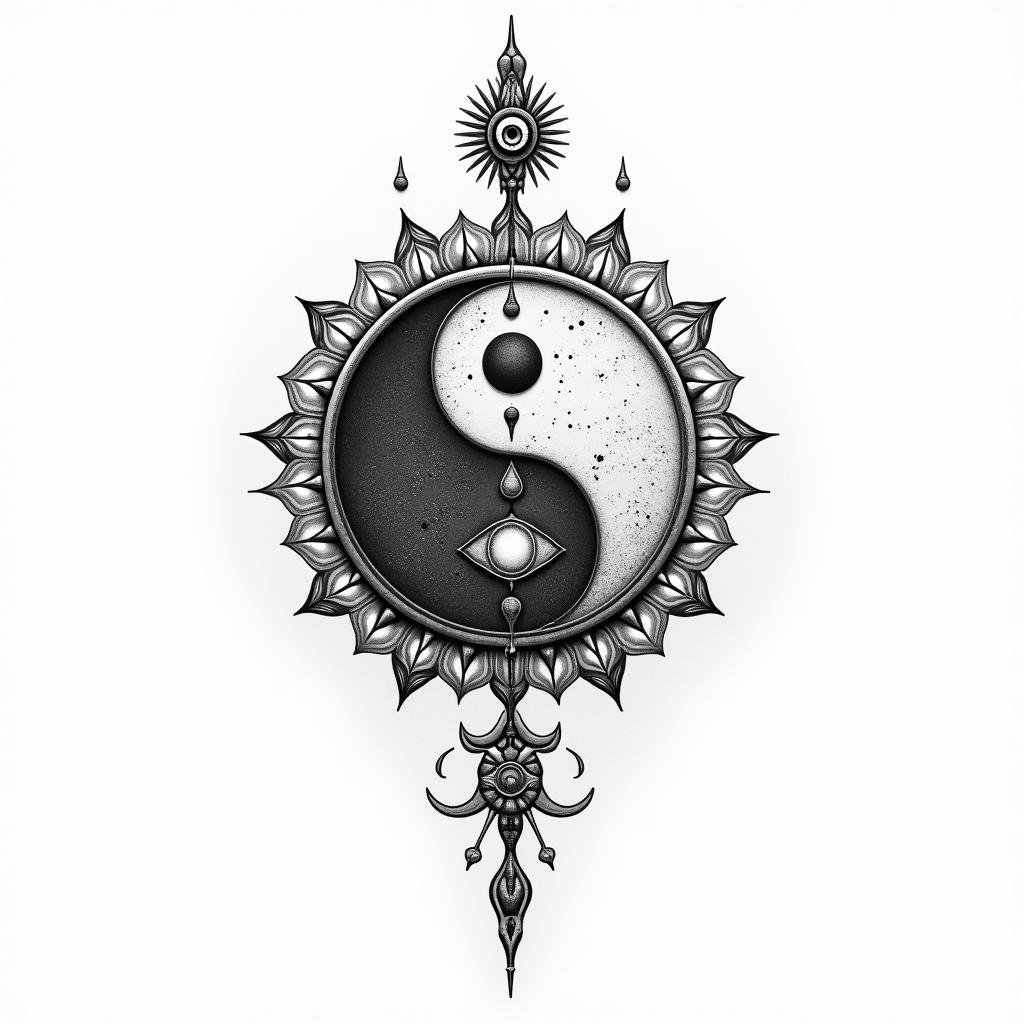 Yen yangin spiritual symbols tattoo style, featuring an intricate design incorporating elements, Hamsa hand, third eye, minimalist composition - Variation 4