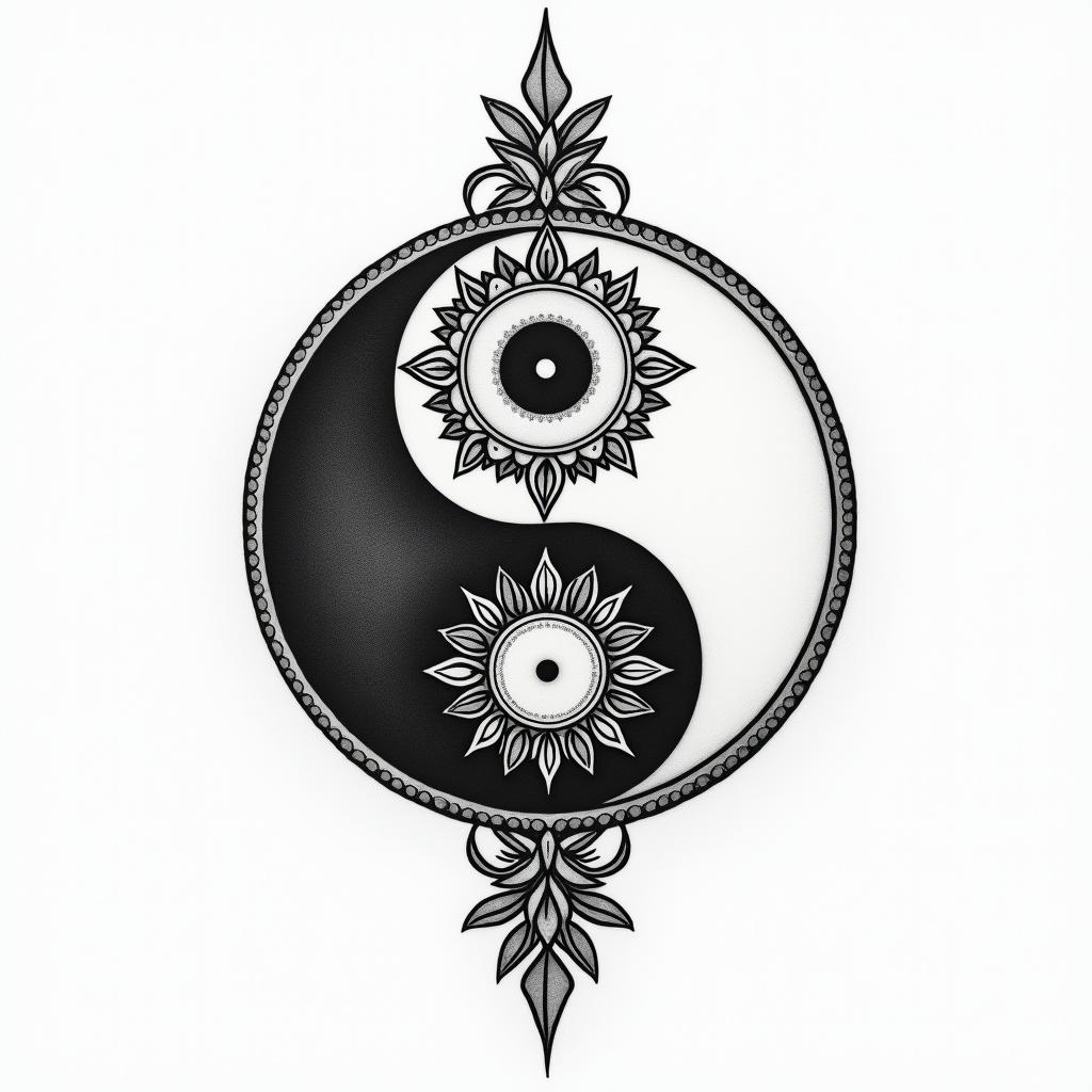 Yen yangin spiritual symbols tattoo style, featuring an intricate design incorporating elements, Hamsa hand, third eye, minimalist composition