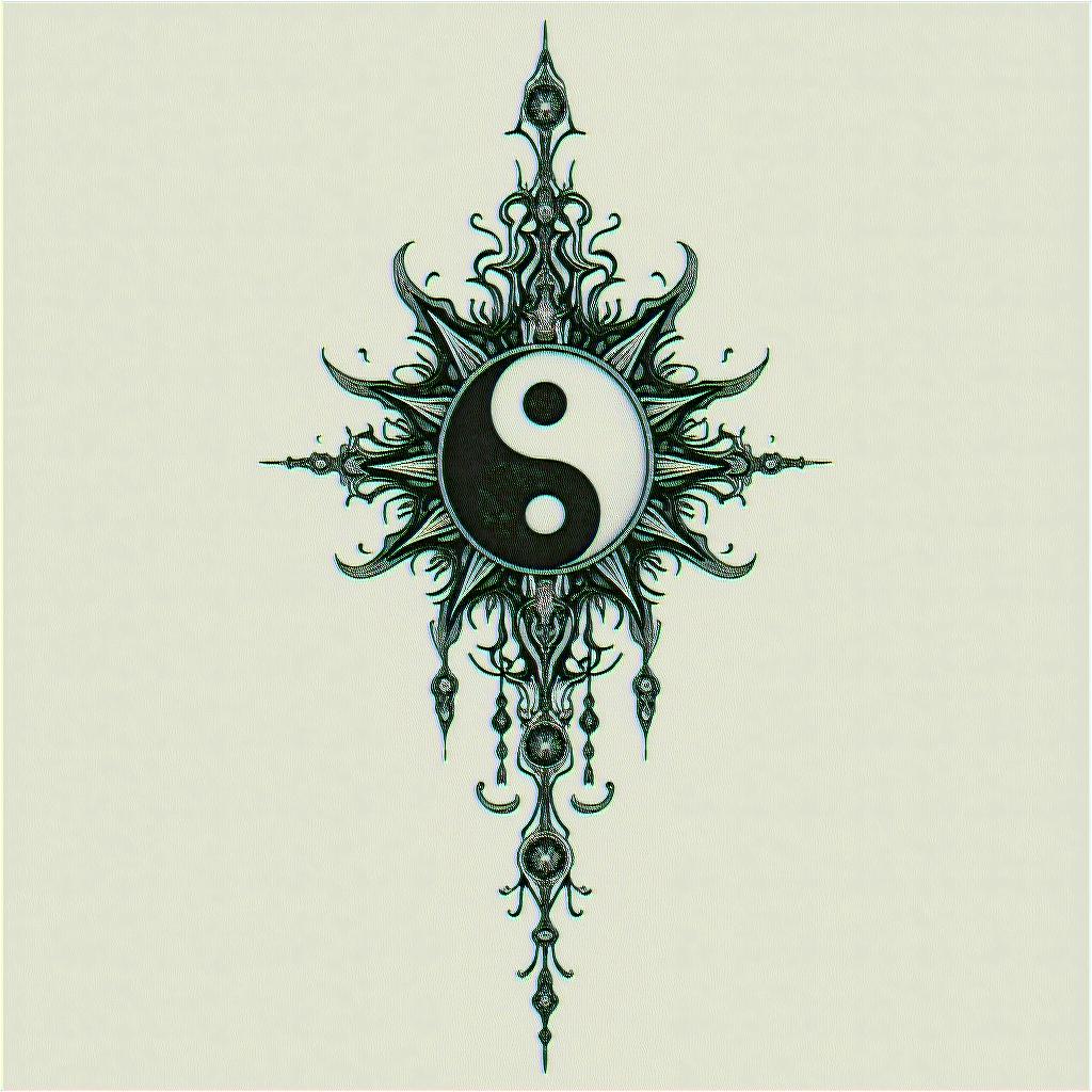 Yen yangin spiritual symbols tattoo style, featuring an intricate design incorporating elements, Hamsa hand, third eye, minimalist composition - Variation 3