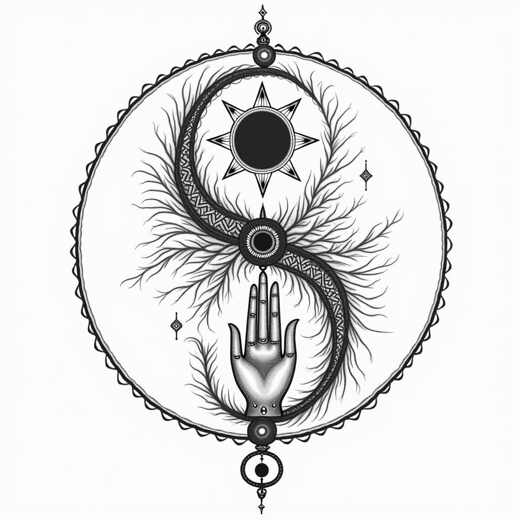 Yen yangin spiritual symbols tattoo style, featuring an intricate design incorporating elements, Hamsa hand, third eye, minimalist composition - Variation 2