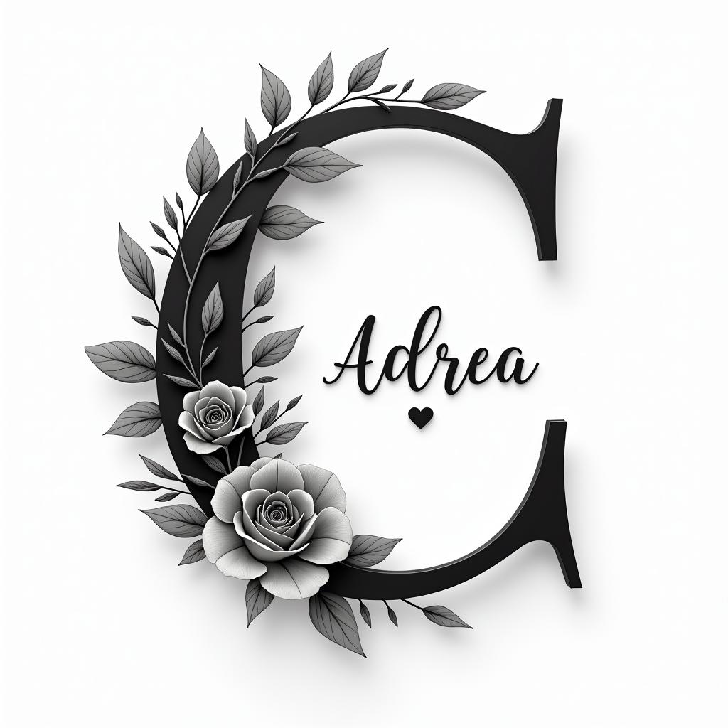 I want a capital C with the names Adrien, Andréa, and Leandro inside, in black and white, feminine and simple.in elegant cursive calligraphy style 2d tattoo, decorate with roses, featuring a smooth and flowing handwritten script with slightly thickened strokes for a luxurious and bold appearance,  heart symbol between names,  sleek and glossy black text with shadowing, minimalist matte white background, clean and sharp edges, illuminated with soft lighting, romantic, 8k, high-quality textures with refined typography - Variation 4