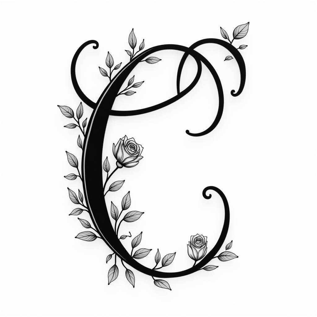 I want a capital C with the names Adrien, Andréa, and Leandro inside, in black and white, feminine and simple.in elegant cursive calligraphy style 2d tattoo, decorate with roses, featuring a smooth and flowing handwritten script with slightly thickened strokes for a luxurious and bold appearance,  heart symbol between names,  sleek and glossy black text with shadowing, minimalist matte white background, clean and sharp edges, illuminated with soft lighting, romantic, 8k, high-quality textures with refined typography - Variation 2