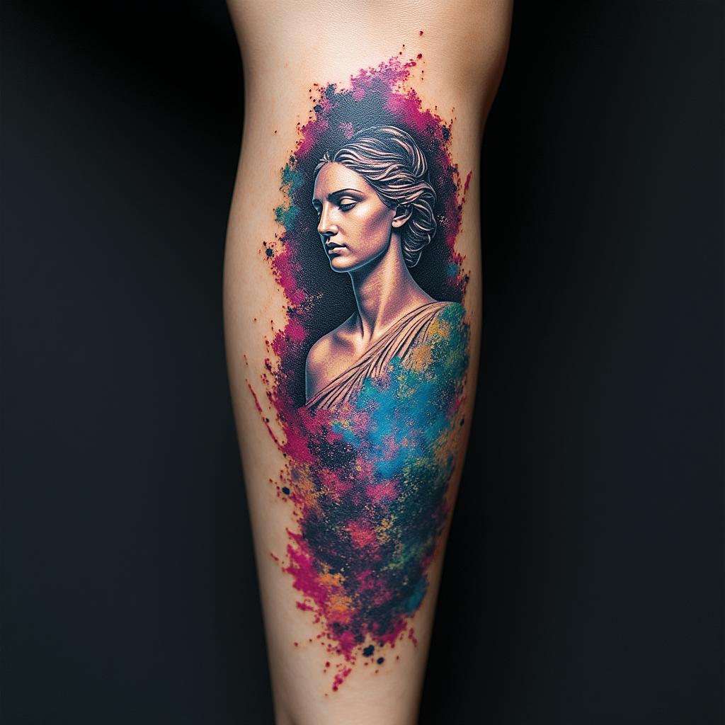Create a tattoo with the words Mack Life beneath the skin being pulled back to expose the tendons and muscle with a galaxy in the backgroundin distorted and fragmented tattoo design, featuring a classical statue bust, in a glitch art style with vibrant, overlapping colors of cyan, magenta, and yellow, creating a digital distortion effect - Variation 2