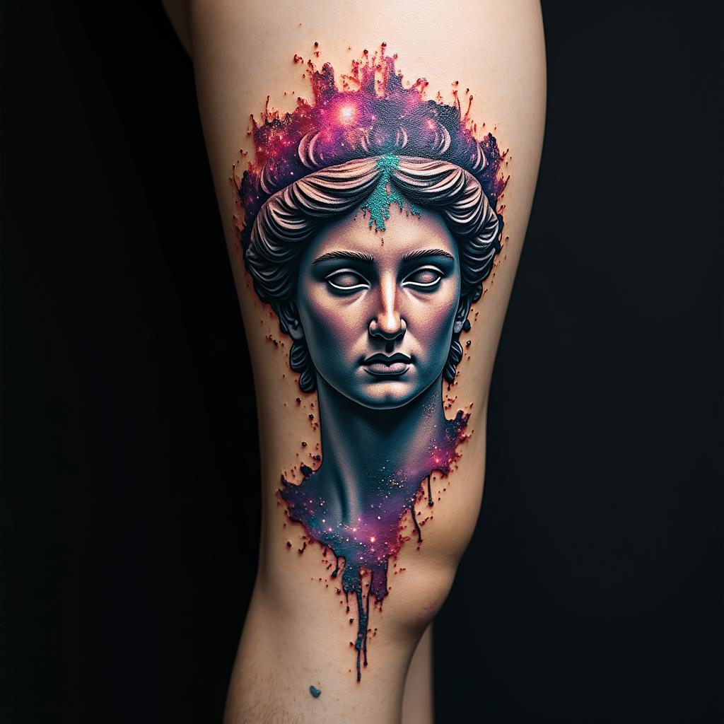 Create a tattoo with the words Mack Life beneath the skin being pulled back to expose the tendons and muscle with a galaxy in the backgroundin distorted and fragmented tattoo design, featuring a classical statue bust, in a glitch art style with vibrant, overlapping colors of cyan, magenta, and yellow, creating a digital distortion effect