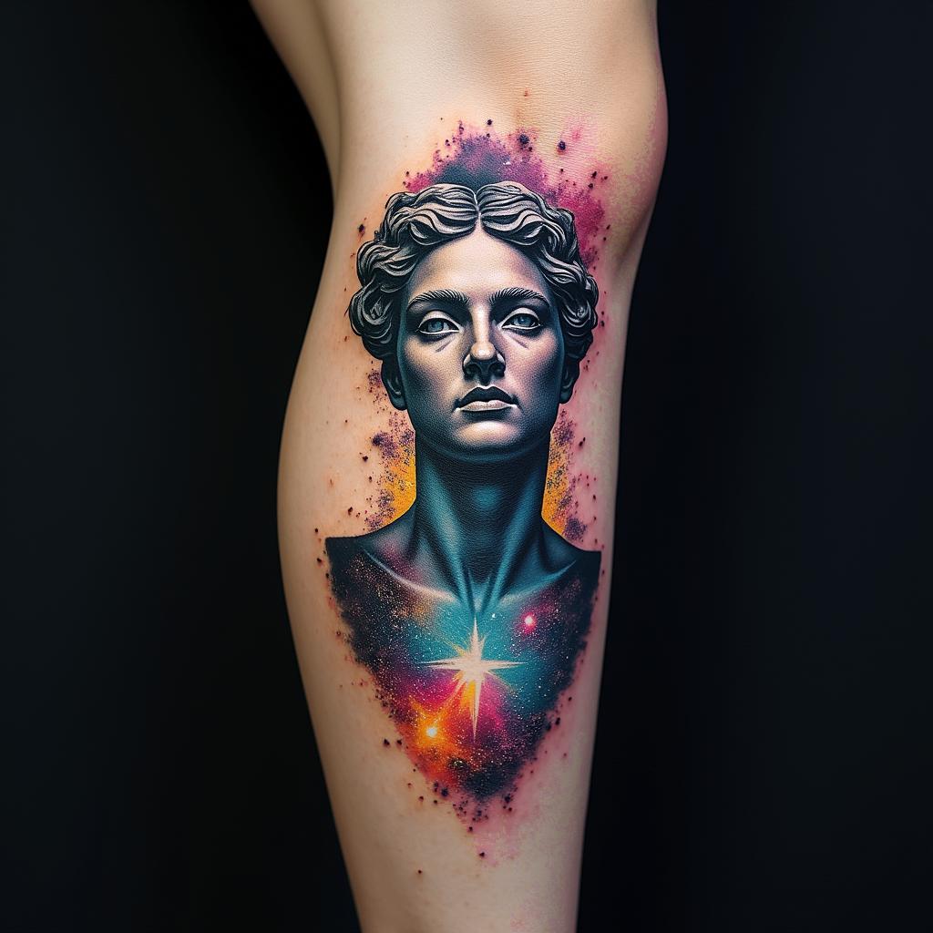 Create a tattoo with the words Mack Life beneath the skin being pulled back to expose the tendons and muscle with a galaxy in the backgroundin distorted and fragmented tattoo design, featuring a classical statue bust, in a glitch art style with vibrant, overlapping colors of cyan, magenta, and yellow, creating a digital distortion effect - Variation 4