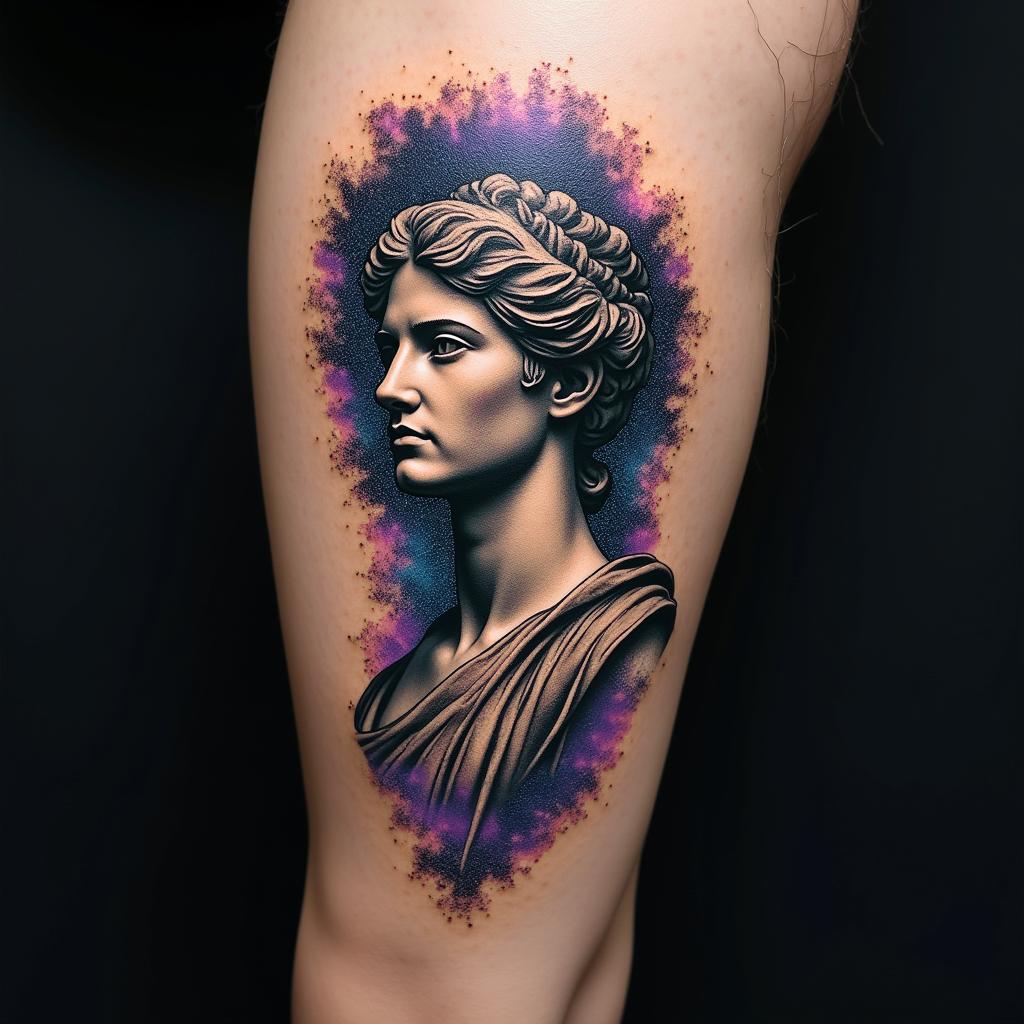 Create a tattoo with the words Mack Life beneath the skin being pulled back to expose the tendons and muscle with a galaxy in the backgroundin distorted and fragmented tattoo design, featuring a classical statue bust, in a glitch art style with vibrant, overlapping colors of cyan, magenta, and yellow, creating a digital distortion effect - Variation 3
