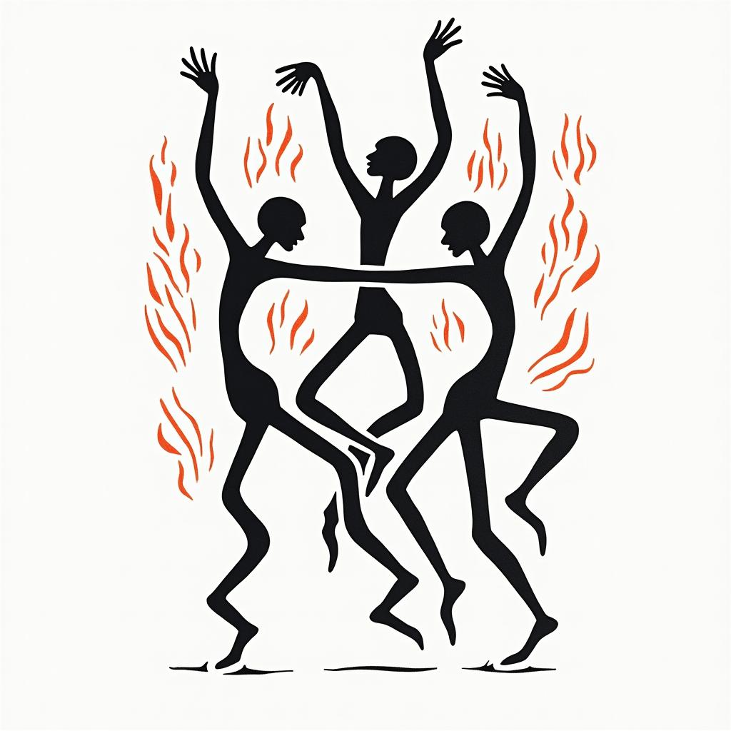 Athena, the goddess of war, fireabstract dancing figures in Keith Haring style, featuring bold black outlines and solid color fills, figures posed in dynamic and playful dance movements, minimalist design