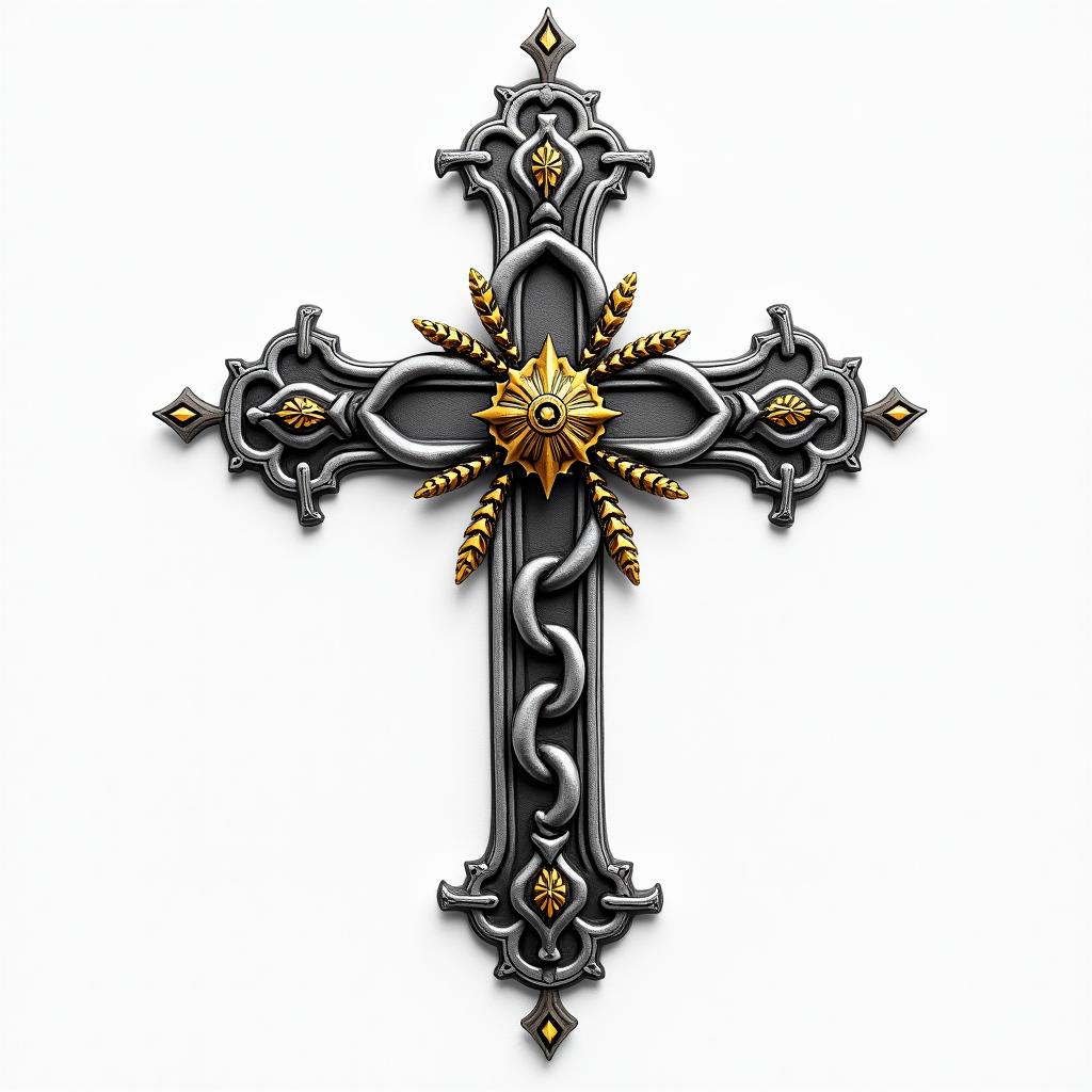 Cross with golden details placed in the middle of chains.higly detailed tattoo - Variation 4