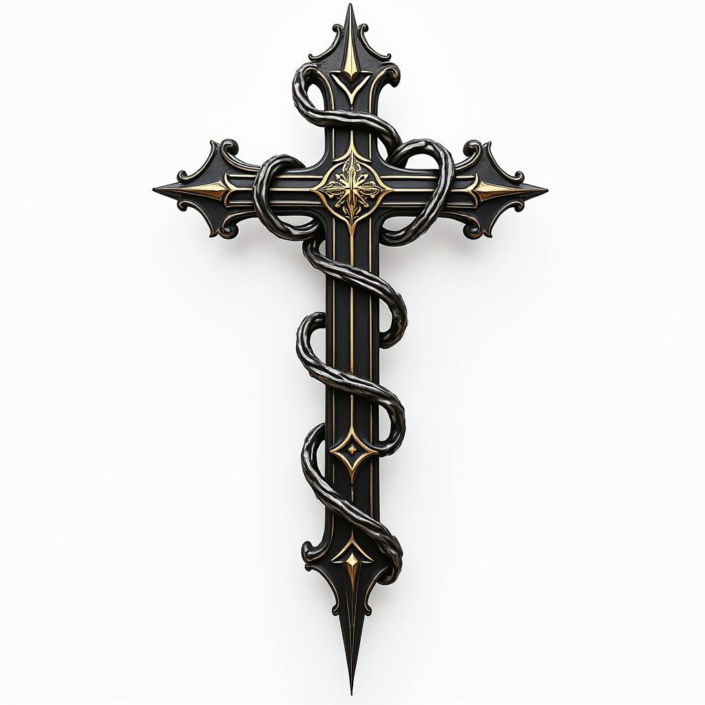 Cross with golden details placed in the middle of chains.higly detailed tattoo