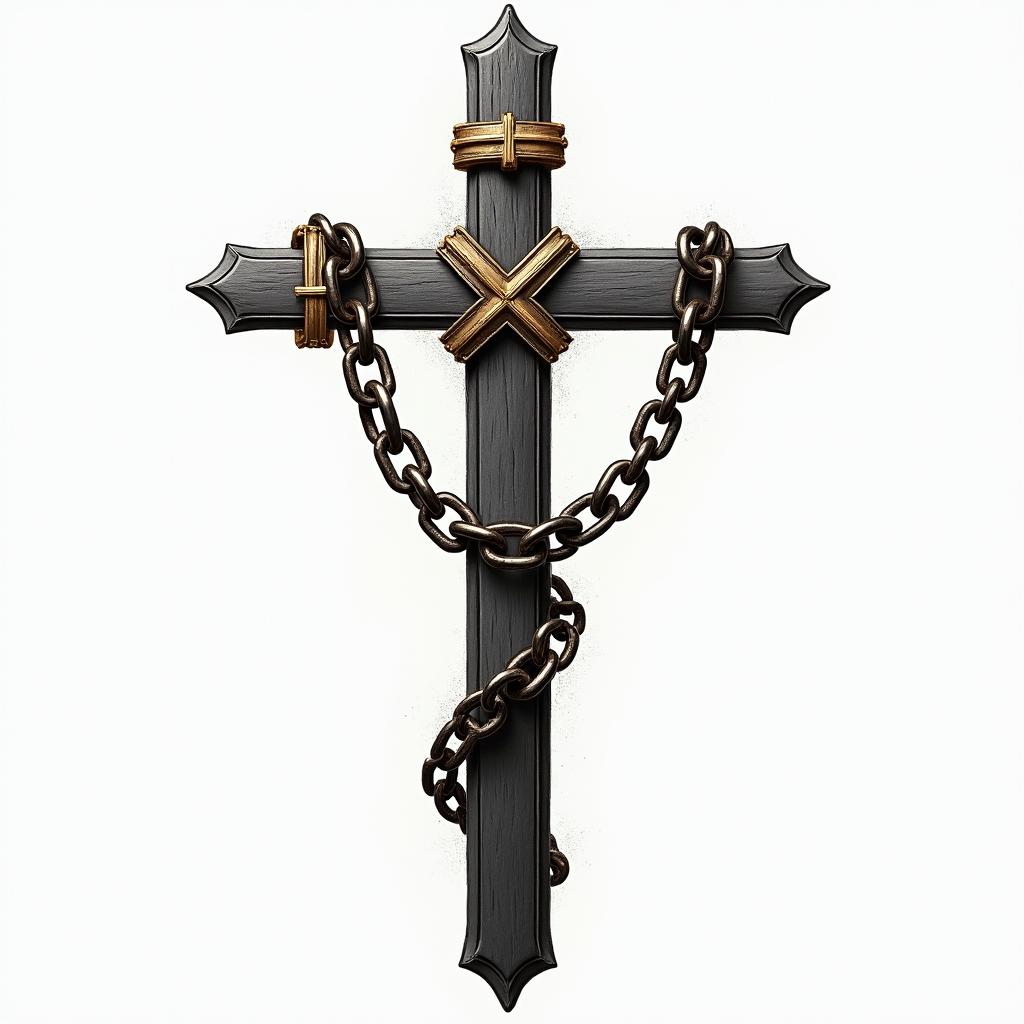 Cross with golden details placed in the middle of chains.higly detailed tattoo - Variation 2