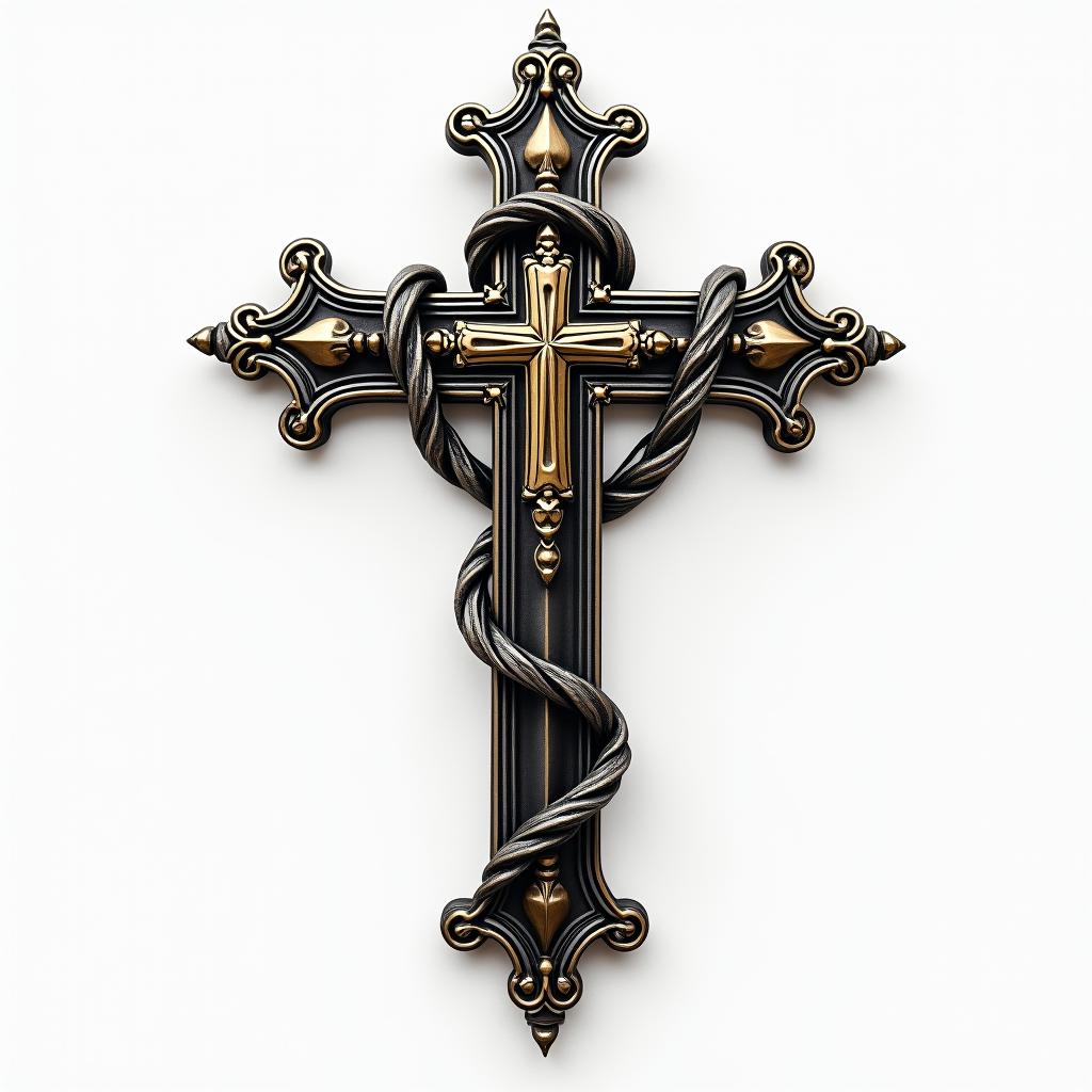 Cross with golden details placed in the middle of chains.higly detailed tattoo - Variation 3