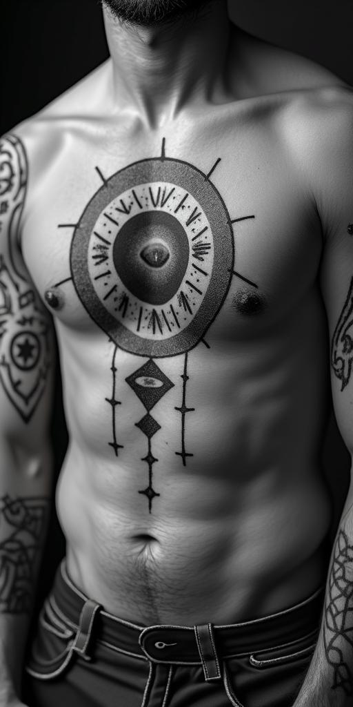 Capricorn, strong and independentin prophecy tattoo style, featuring mystical symbols, celestial imagery like stars, moons, suns, geometric patterns, foretelling elements, an eye of wisdom - Variation 4