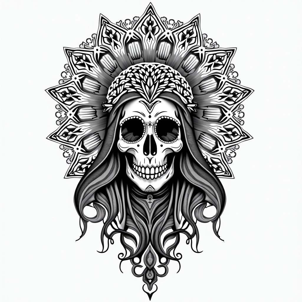 Santa Muertein dotwork style tattoo, complex mandala patterns, interlocking geometric shapes with sharp symmetry, clean lines, sharp angles - Variation 3
