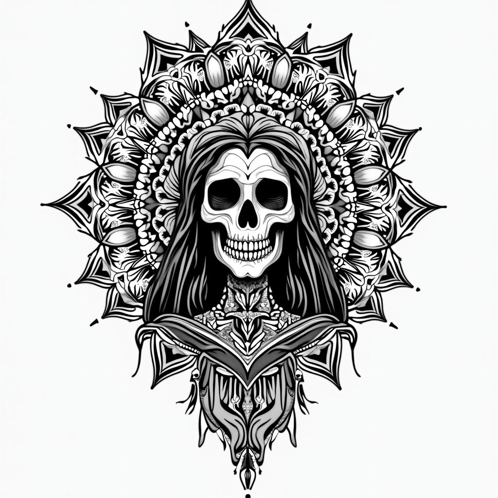 Santa Muertein dotwork style tattoo, complex mandala patterns, interlocking geometric shapes with sharp symmetry, clean lines, sharp angles - Variation 4