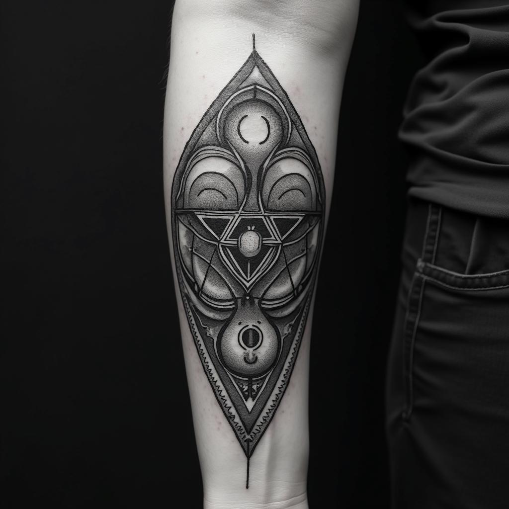 Heart break pain giving up tiredin paganic style tattoo, featuring ancient symbols, add vegvisir symbol, mystical figures, incorporating designs, pentagrams, runes, crescent moons, - Variation 2