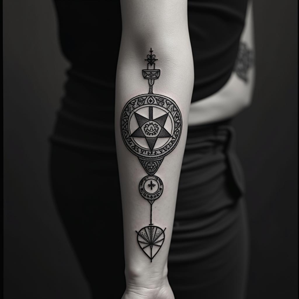 Heart break pain giving up tiredin paganic style tattoo, featuring ancient symbols, add vegvisir symbol, mystical figures, incorporating designs, pentagrams, runes, crescent moons,