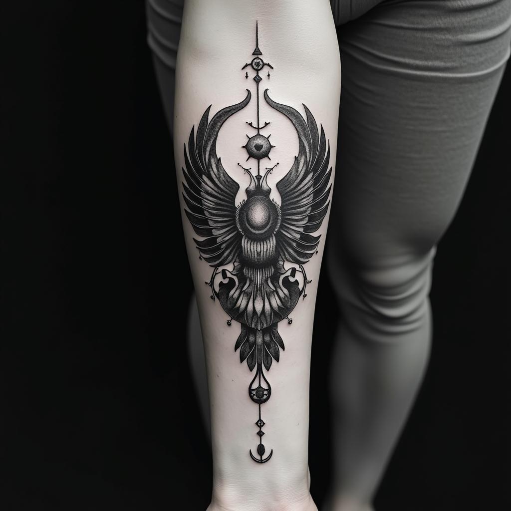Heart break pain giving up tiredin paganic style tattoo, featuring ancient symbols, add vegvisir symbol, mystical figures, incorporating designs, pentagrams, runes, crescent moons, - Variation 3