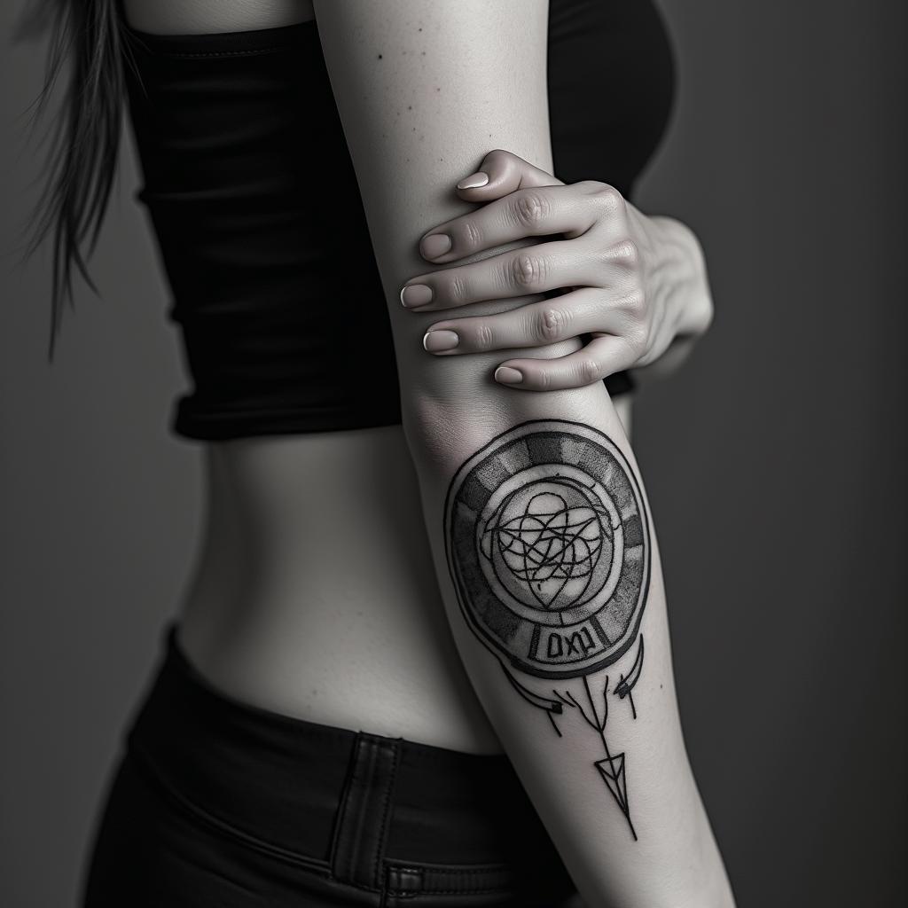 Heart break pain giving up tiredin paganic style tattoo, featuring ancient symbols, add vegvisir symbol, mystical figures, incorporating designs, pentagrams, runes, crescent moons, - Variation 4