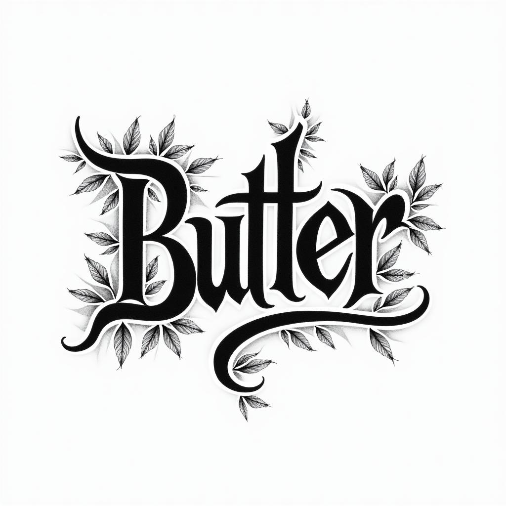Jermaine butler in gothic cursivetext-based tattoo, gothic font ultra-realistic, perfectly placed, high-quality font design, photo-realistic shading, 8k, high quality, finely detailed typography - Variation 3