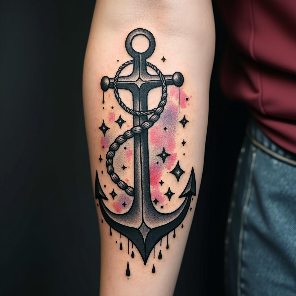 Anchor with nautical rope and compassin graffiti style tattoo, featuring bold and dynamic street art elements, spray-paint texture with exaggerated lines and expressive, chaotic brushstrokes, intricate lettering incorporated with graffiti tags, symbols like hearts, stars, and wings