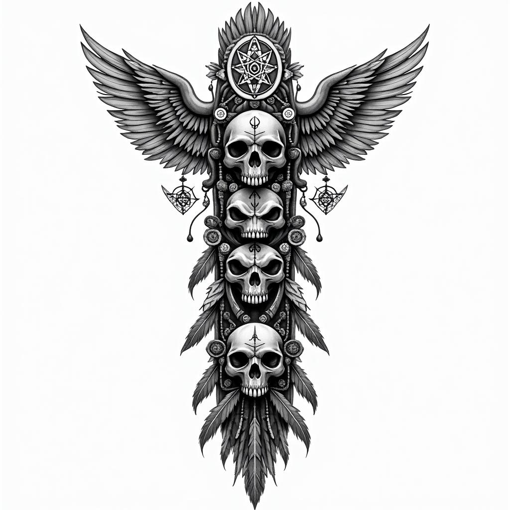 Totem pole with skulls, feathers, and jewelryin paganic style tattoo, featuring ancient symbols, add vegvisir symbol, mystical figures, incorporating designs, pentagrams, runes, crescent moons,