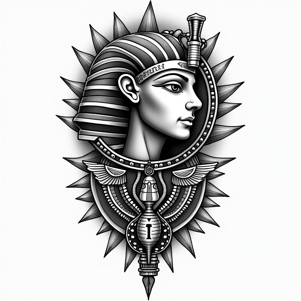 Yen yang eye of protectionin egyptian style tattoo, bold elements of ancient egyptian culture including a portrait of an Egyptian pharaoh with detailed facial features, in hieroglyphs and symbolic imagery, eye of horus, ankh symbol, scarab beetle - Variation 2