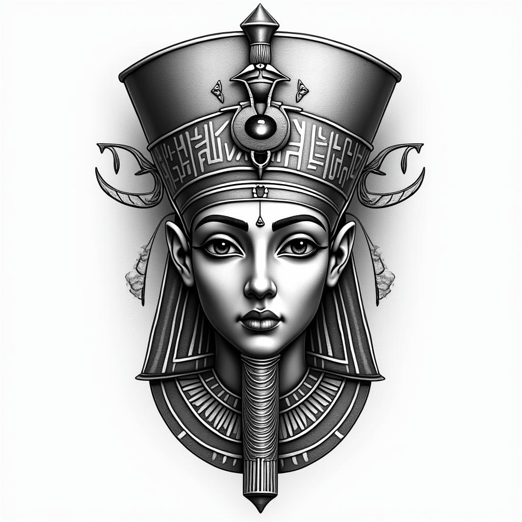 Yen yang eye of protectionin egyptian style tattoo, bold elements of ancient egyptian culture including a portrait of an Egyptian pharaoh with detailed facial features, in hieroglyphs and symbolic imagery, eye of horus, ankh symbol, scarab beetle - Variation 3